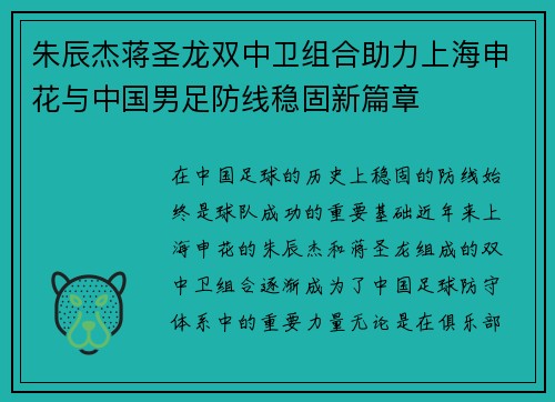 朱辰杰蒋圣龙双中卫组合助力上海申花与中国男足防线稳固新篇章