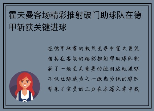 霍夫曼客场精彩推射破门助球队在德甲斩获关键进球