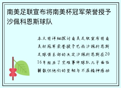 南美足联宣布将南美杯冠军荣誉授予沙佩科恩斯球队
