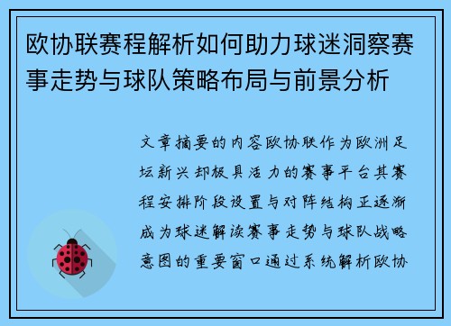 欧协联赛程解析如何助力球迷洞察赛事走势与球队策略布局与前景分析